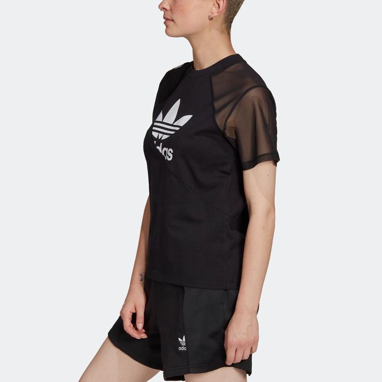 Adidas Originals Trefoil Large Logo Striped Print Spliced Casual Crew Neck Short Sleeve Drop Shoulder T-Shirt Women T-Shirt Black HC7039