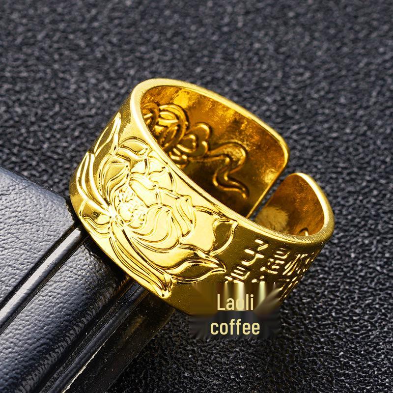 

10mm Six-Word Mantra Heart Sutra Open Ring in Imitation Gold Brass with Vietnamese Sand Gold for Men Adjustable