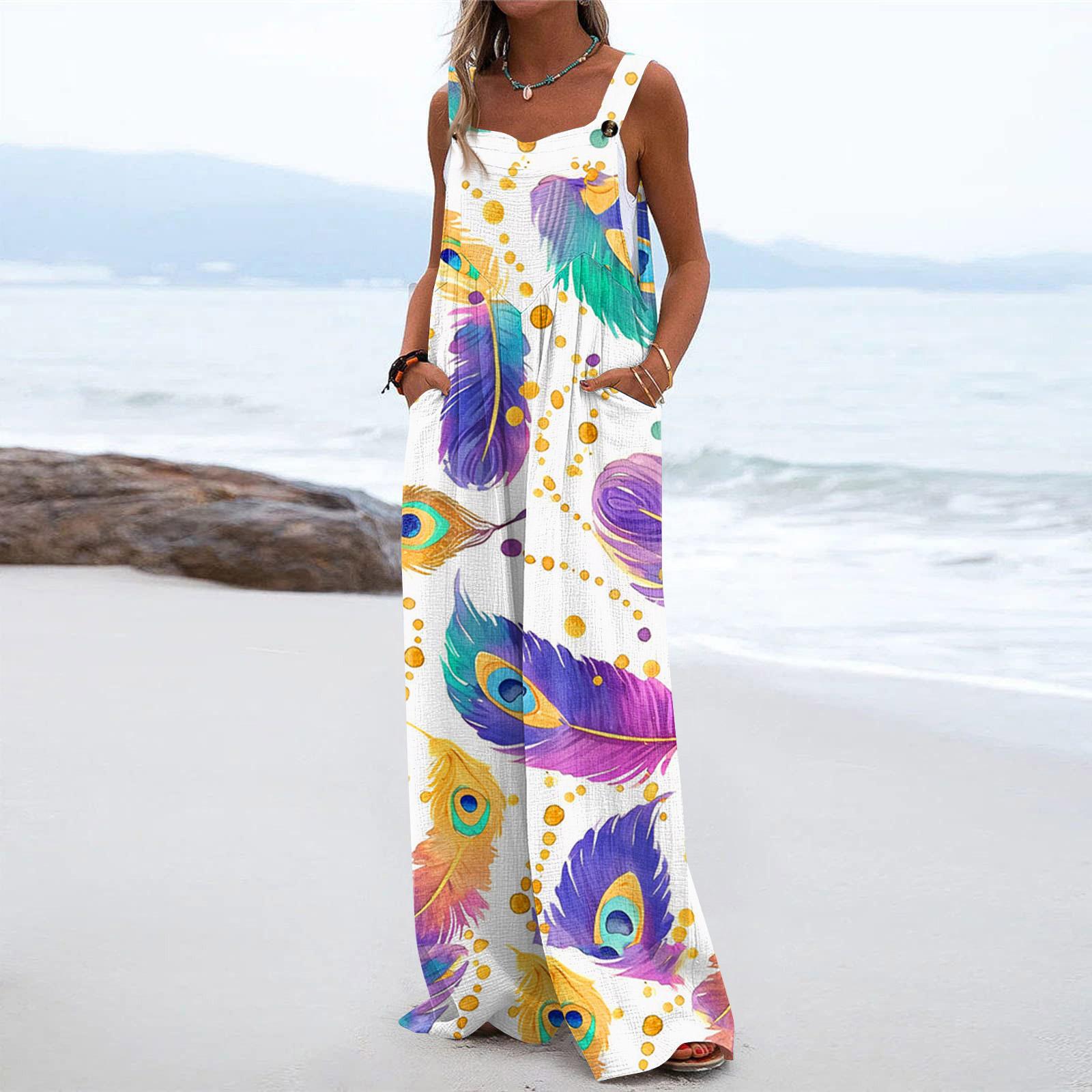 

Широкий комбинезон для женщин, повседневный свободный комбинезон без рукавов с принтом и пуговицами, длинные брюки, комбинезон с карманами XL