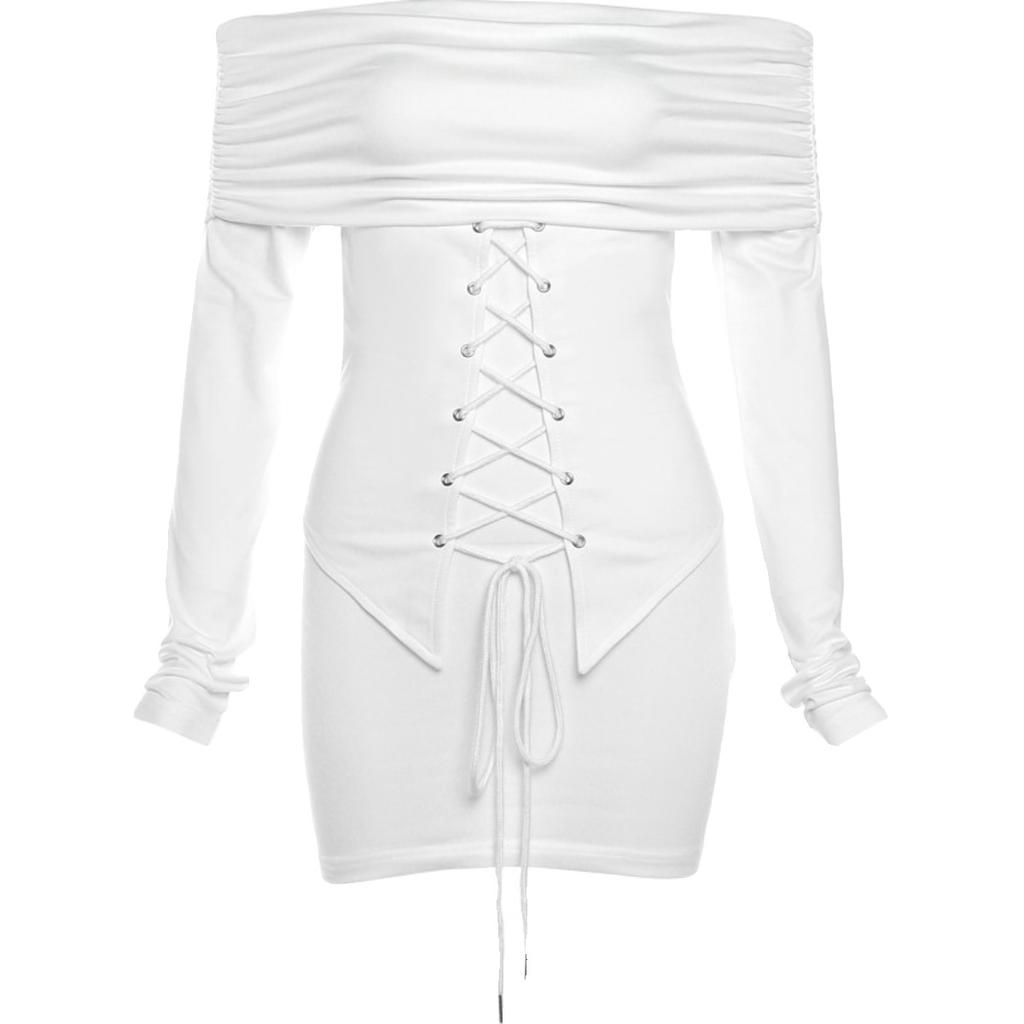 Pure desire Spice Girl style strap waist one-word shoulder long-sleeved dress women's autumn new slim-fitting sexy hip-wrapped short dress