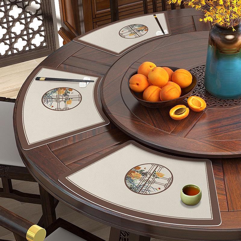New Chinese Leather Placemat Waterproof Oil-Proof Insulation Dinning Table Placemat Hotel Round Table Dining Mat Fan-Shaped Dustproof Mat