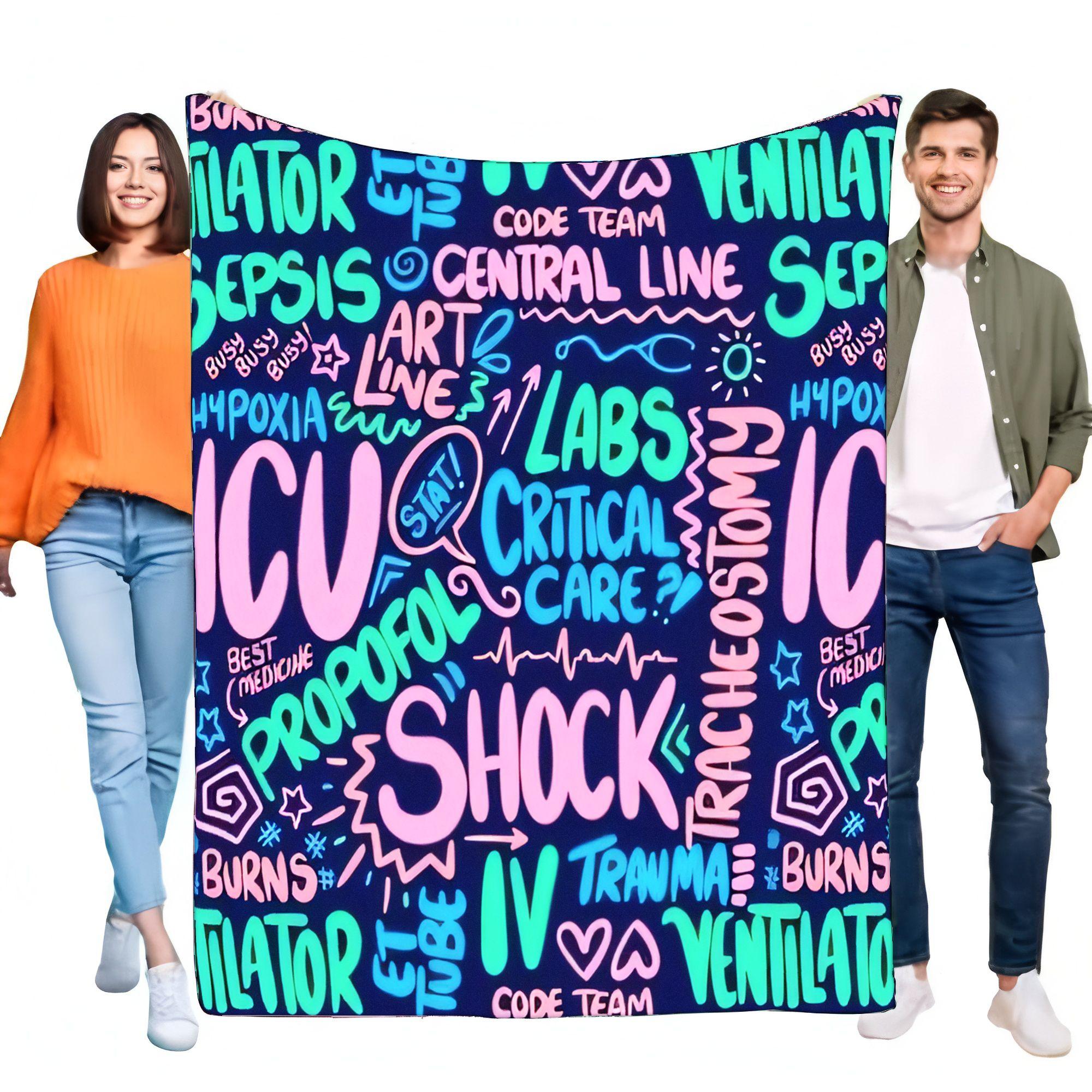 ICU Nurse Doctor Medical Words Graffiti Flannel Blanket Soft Cozy Critical Care Throw Healthcare Worker Appreciation Gift Size: 75*100cm, Weight: 230 GSM