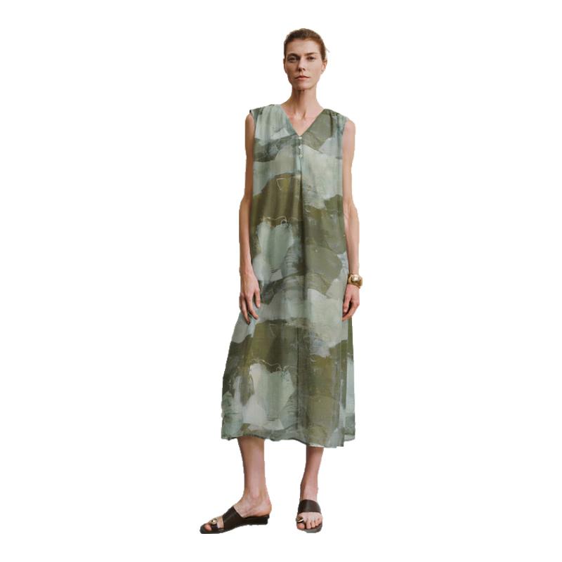 

UR 2024 Autumn Resort V-Neck Color-Block Print Maxi Dress M