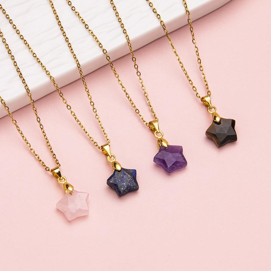 Natural Stone Star Shaped Pendant For Women Necklaces Jewelry Gifts Pentagram Star Pink Crystal Chakra Nature Stone Necklace 1PC
