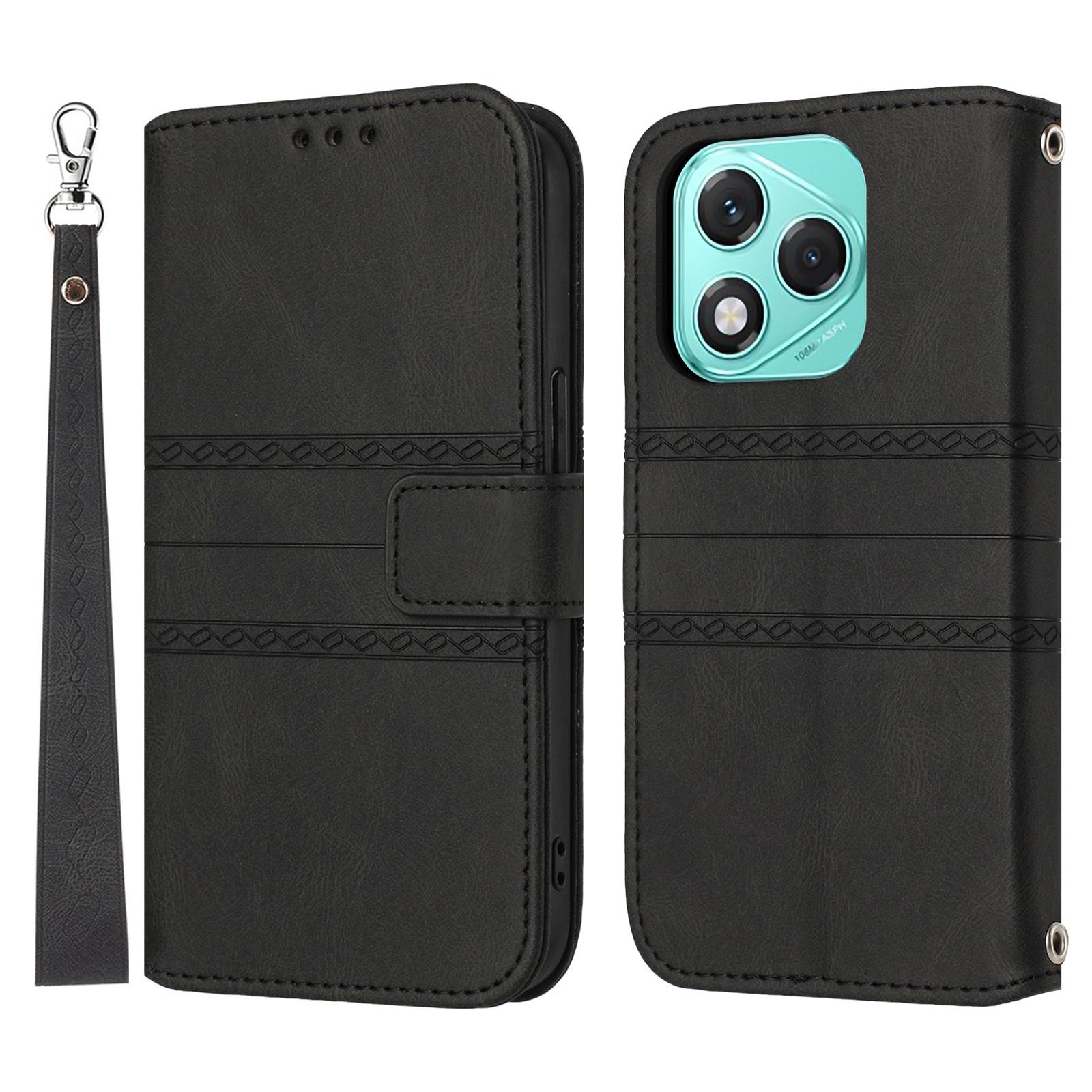 

For Honor 400 Lite 5G Case Wallet Skin-Touch Leather Imprinted Phone Cover with Wrist Strap Black