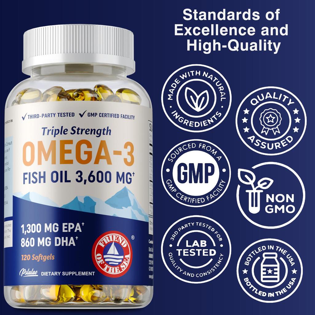 Triple Strength Omega 3 Fish Oil 3600 Mg Rich In EPA and DHA, Cardiovascular Health, Brain Function, Immune Support