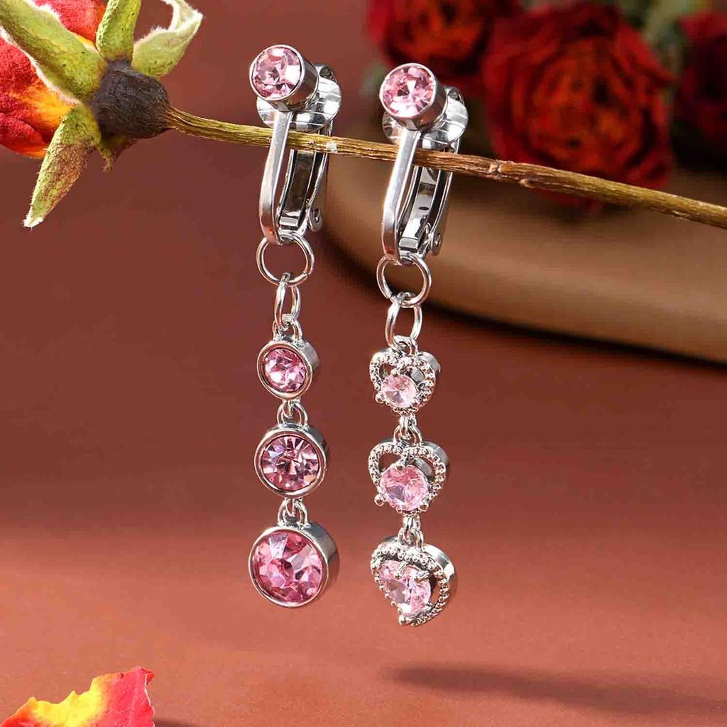 2pcs Cute Fake Belly Ring for Women - Pink CZ Heart & Butterfly Dangle Clip On Navel Rings, 304 Stainless Steel, Non-Pierced