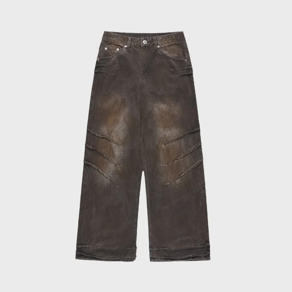 Style Mens Street Wasteland Distressed Jeans Trendy Pleated Loose Wideleg Trousers