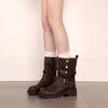 Cowhide Edition~ Genuine Leather Black Martin Boots Women's Thick Heel Round Head Medium Boots Belt Buckle Spice Girls Vintage Western Boots