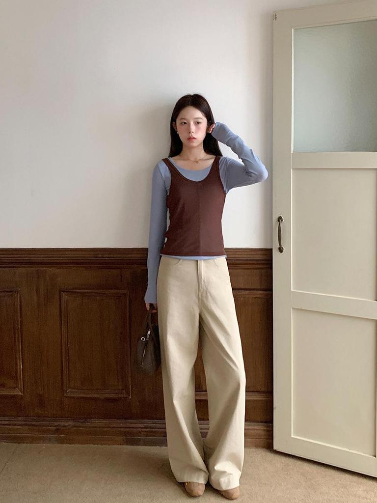 Vision Khaki Women's High-Waisted Straight Casual Pants - Spring 2026 Korean Style Loose Wide-Leg Long Pants
