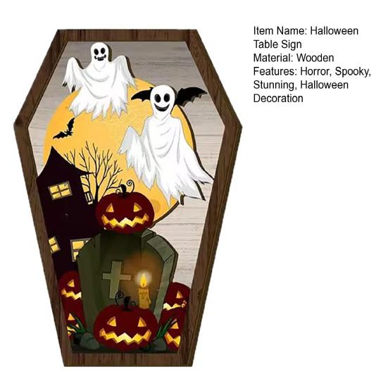 Halloween Holzgrabstein Form Tischblockschild Gruseliger Geist Kürbis Fledermaus Burgen Mehrstufiges Tablett Mittelstück für Halloween-Party Innenraumdekoration