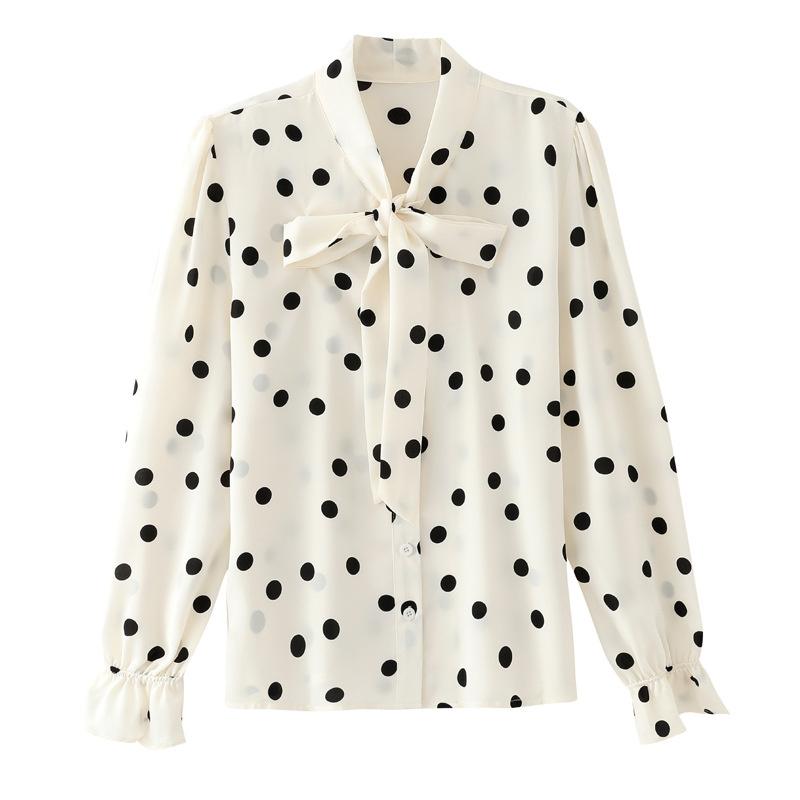 2026 Nuovo Top alla Moda ed Elegante per la Primavera, Camicia Versatile in Chiffon a Maniche Lunghe con Pois Neri