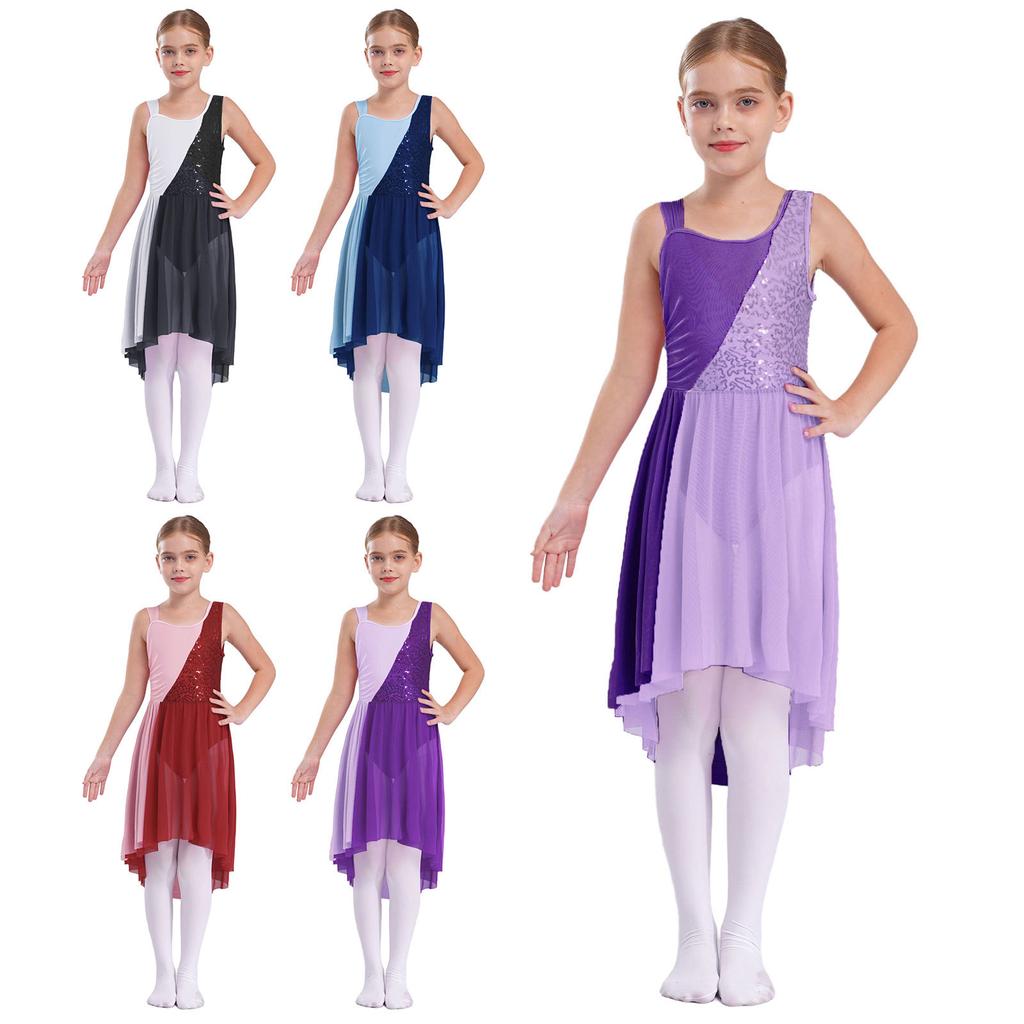Kids Girls Contrast Color Stylish Sleeveless Round Neckline Shiny Sequins Decorated Irregular Hem Dance Dress