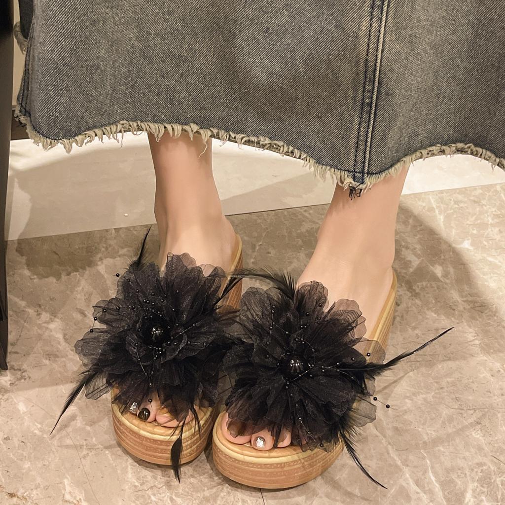 Fashion 2025 Fairy Blossom Feather Slippers Woman Flats Pantuflas Platform Sandals Wedges Flippers Ladies Open Toe Slides Muffins Shoes