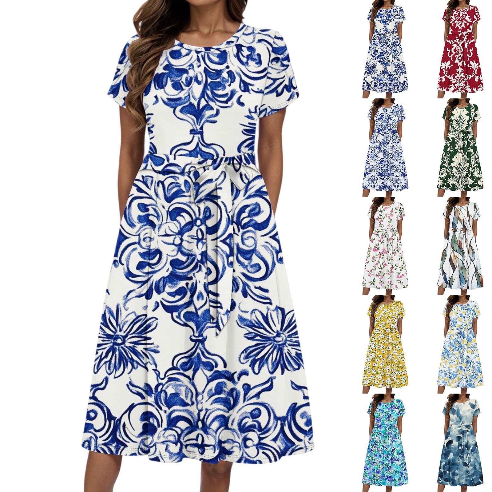 

Women s Summer Fashion Round Neck Casual Plant Floral Print Short Sleeve Dress XXL бежевий