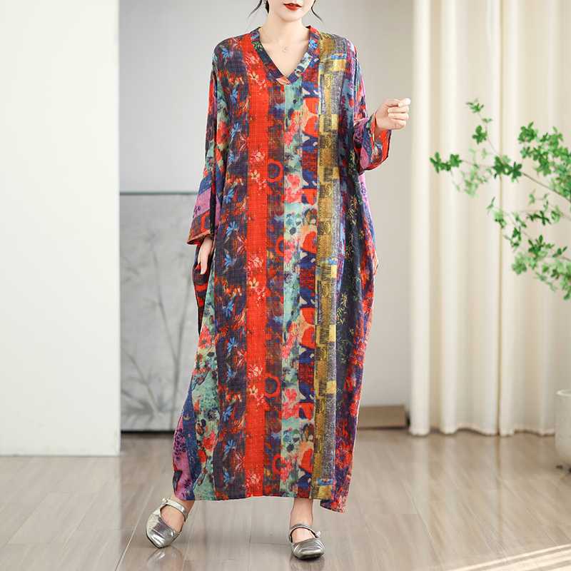 

Vacation Style V-neck Retro Long Skirt Cotton Linen Dress One Size