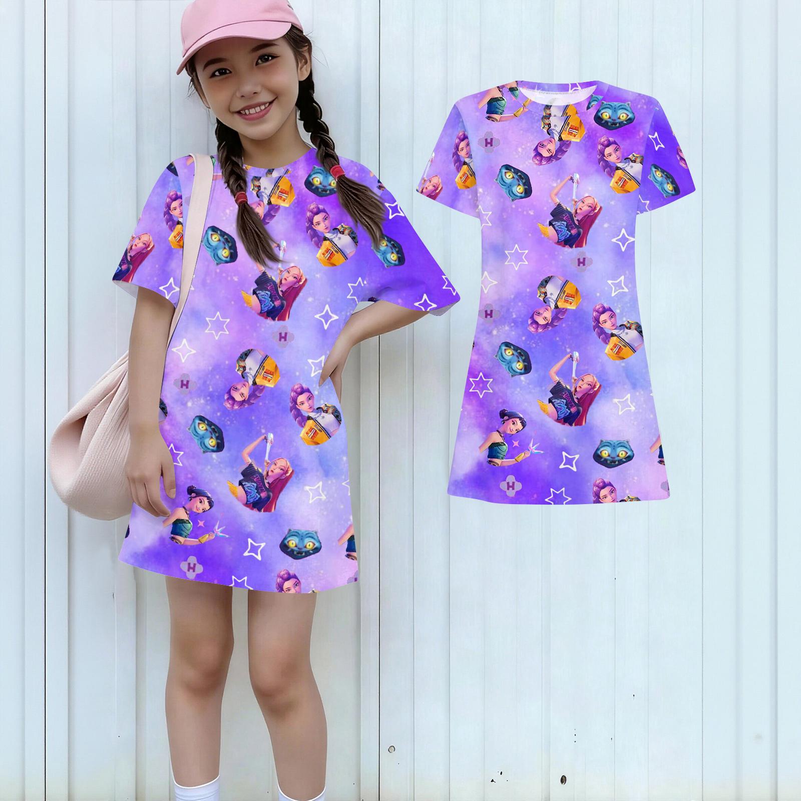 

Girls Loose Fit Short Sleeve Dress Lightweight Round Neck Casual Dress with Printed Design Suitable for Everyday Wear and Outdoor Activities 160