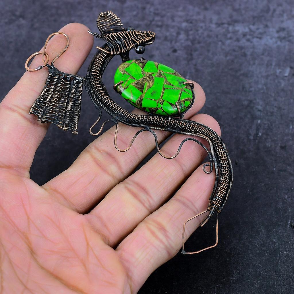 Natural Green Turquoise Handmade Copper Wire Wrap Dragon Gift Pendant 4.53" d2u55