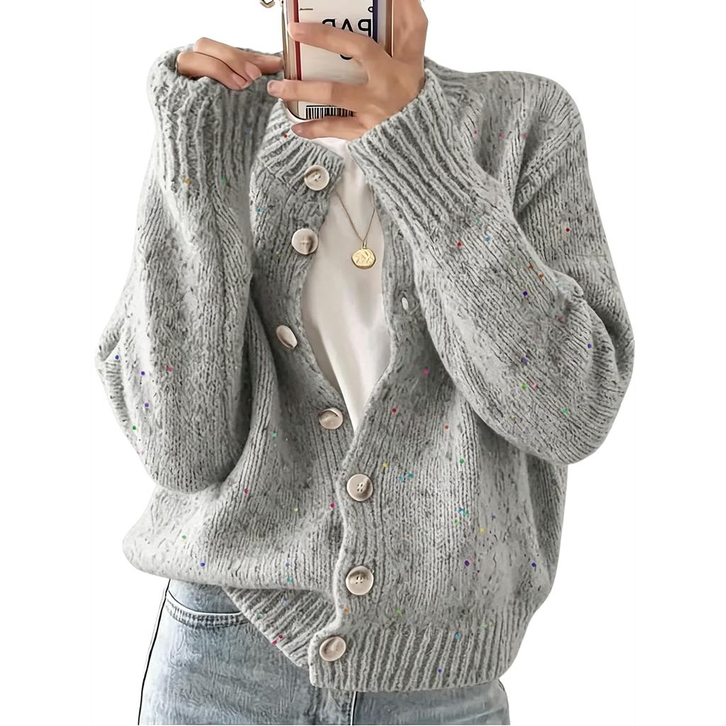 Women's Long Sleeve Button Front Round Neck Knit Cardigan for Casual Everyday Wear