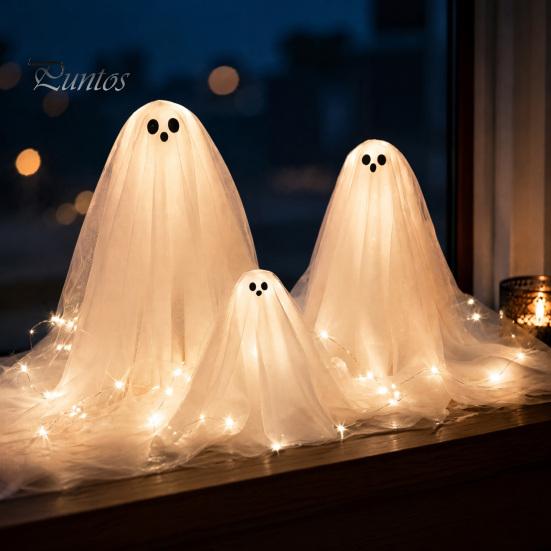 Outdoor Halloween Decorations 3Pcs Lighted Ghost Table Decor, LED Lamp, White Luminous Adjustable Height Decor Centerpiece, Spooky Tabletop