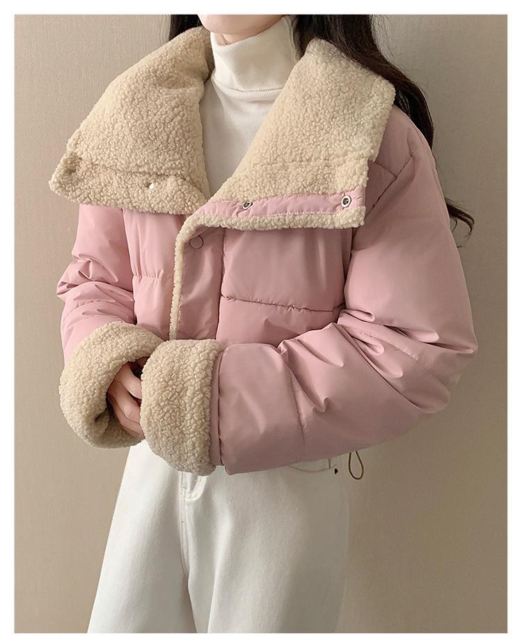 Women's Double-Sided Lambswool Cotton Puffer Jacket - Short Lapel, Loose Fit, Korean Style, Long Sleeve Winter Coat