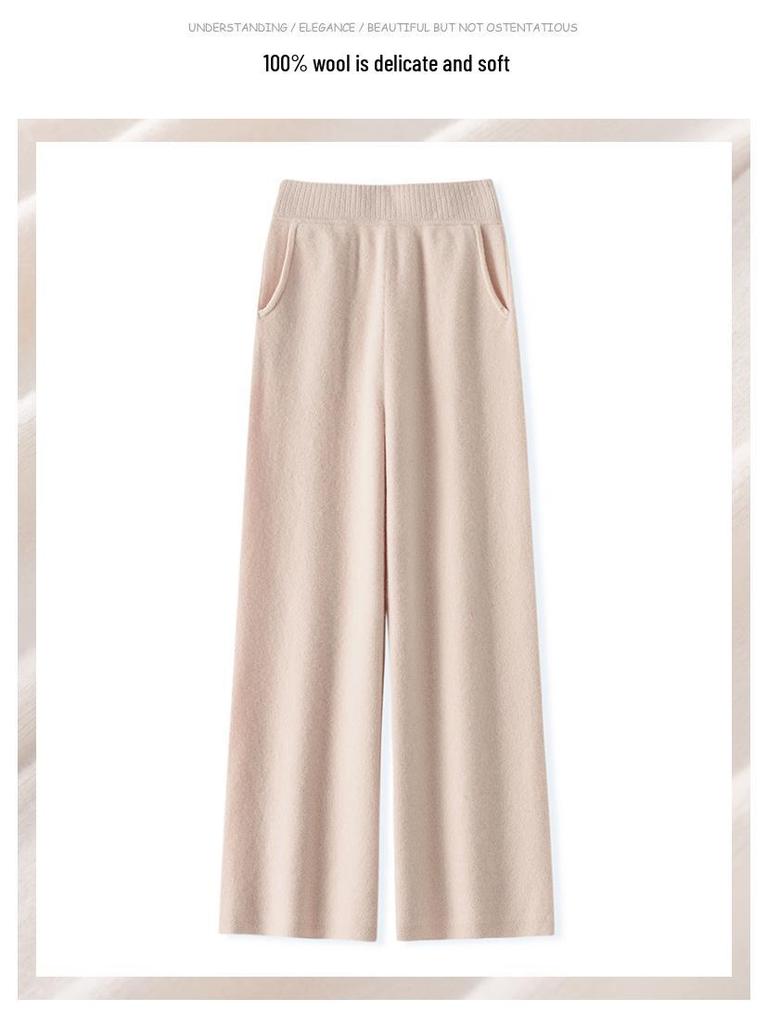 Women's 100% Wool Knit Wide-Leg High-Waist Floor-Length Pants for Autumn/Winter Casual Wear