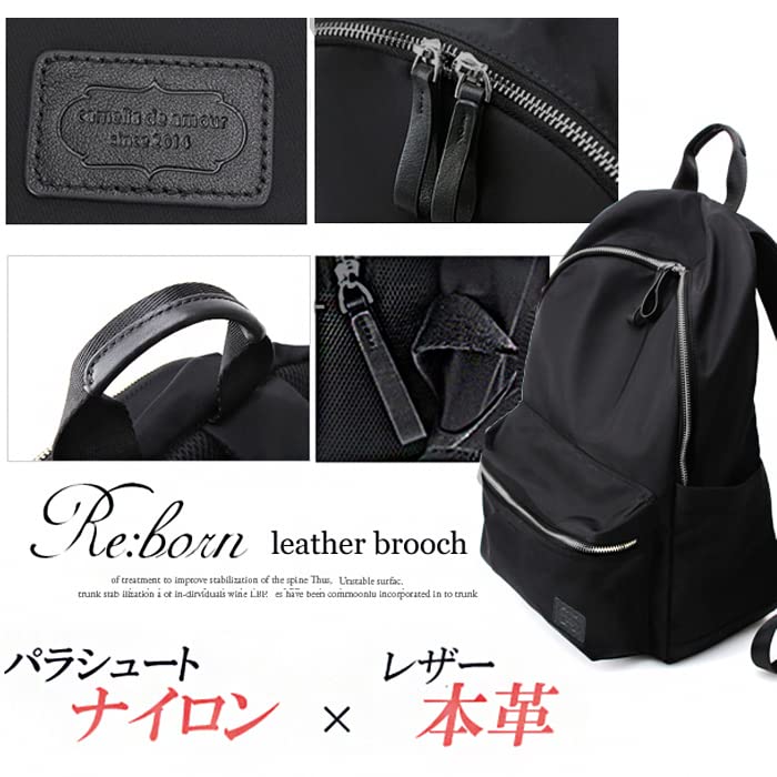 Camélia de Amour Damen-Businesstasche, Rucksack aus Nylon und echtem Leder, Perfekt für den Weg zur Arbeit oder zur Schule, Größe 115, SchwarzSchwarz