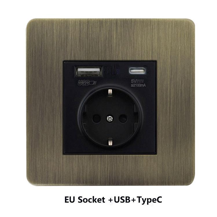 LangYeao Messinghebel UK Kippschalter Buster und Stanzlichtschalter Stil Edelstahlplatte Vintage Retro Wandschalter Steckdose