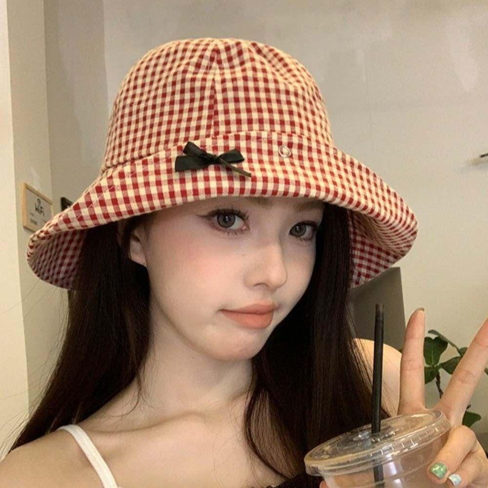 Casual Wide Brim Sun Hat Black Bowknot Fisherman Hat New Plaid Bucket Hat Travel Outdoor