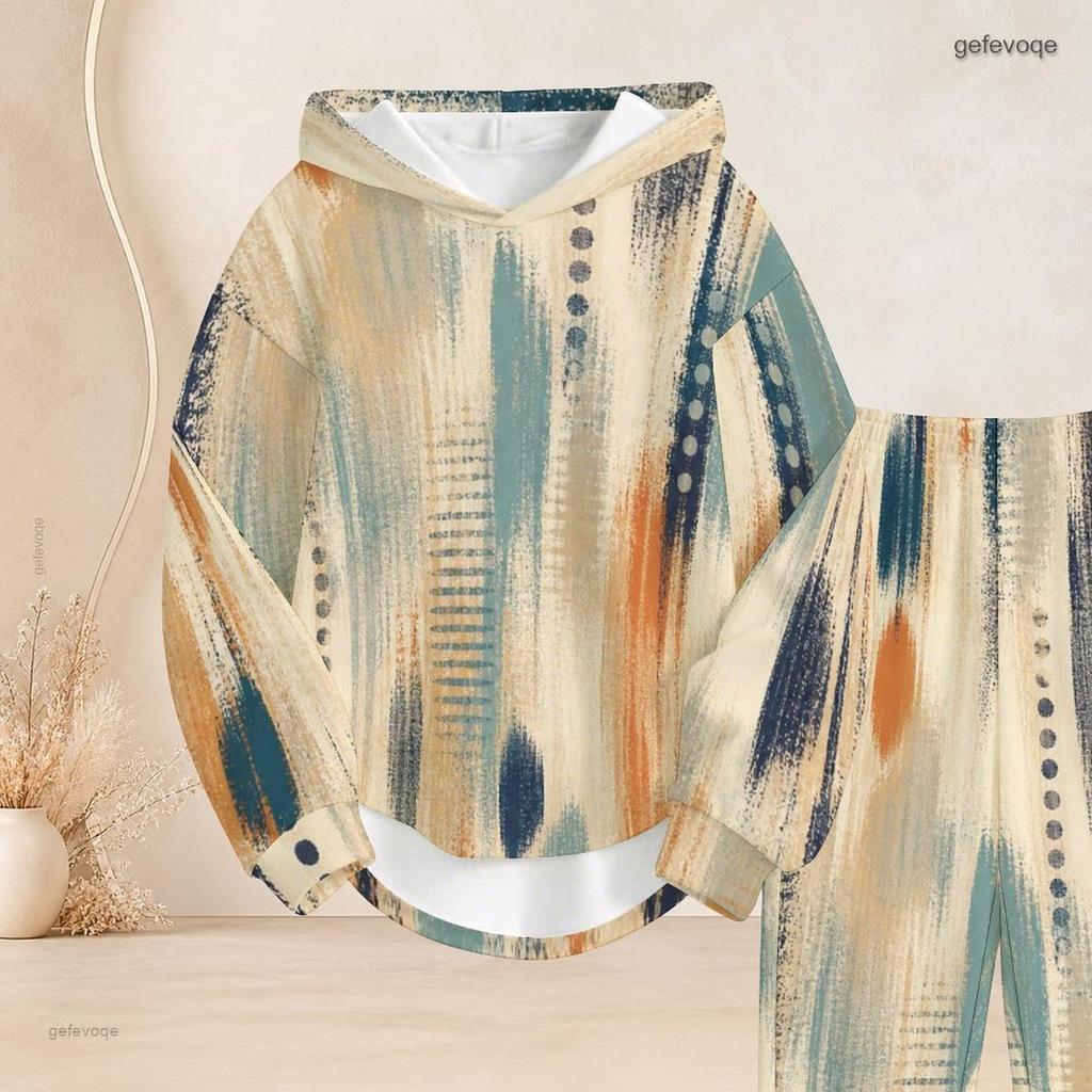 Women Plus Size Two Piece Outfit Long Sleeve Hooded Top Geometric Printed Cuffed Pants