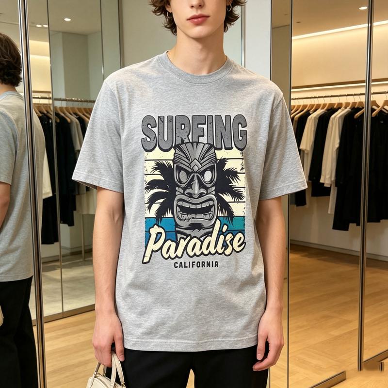 Surfing Paradise California Tiki Mask Palm Tree Vintage Graphic T Shirt Unisex Unisex Cotton Short Sleeve Tee Beach Surf Casual