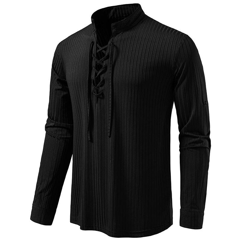 Men's Lace-Up Stand Collar Striped Shirt Long Sleeve Casual Top for Men Spring Autumn Fashion Multi-Color Textured Male Blouse