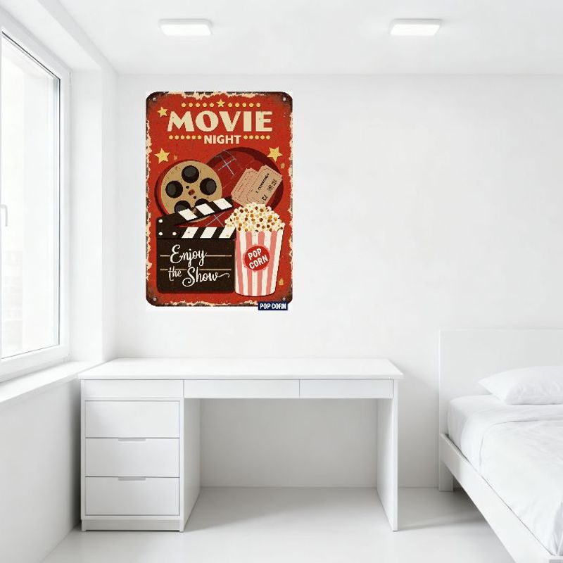 Vintage Movie Night Metal Tin Sign - Red Background with Film Reel, Clapperboard, Popcorn Bucket & Tickets for Home Theater Café