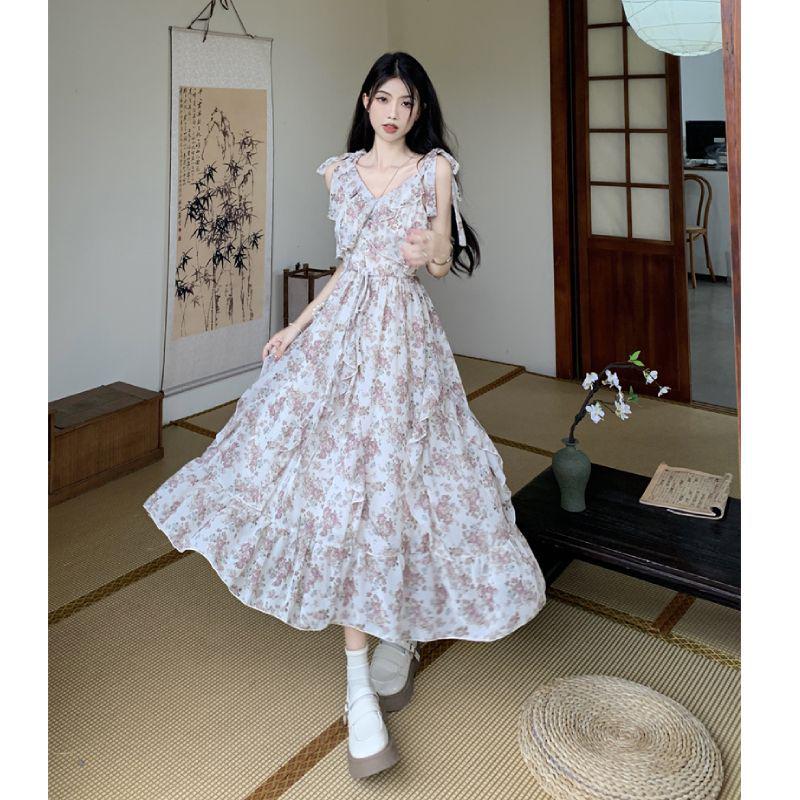 French Floral Ruffled Camisole Dress & Cardigan Set - Women's Slimming Summer Long Dress