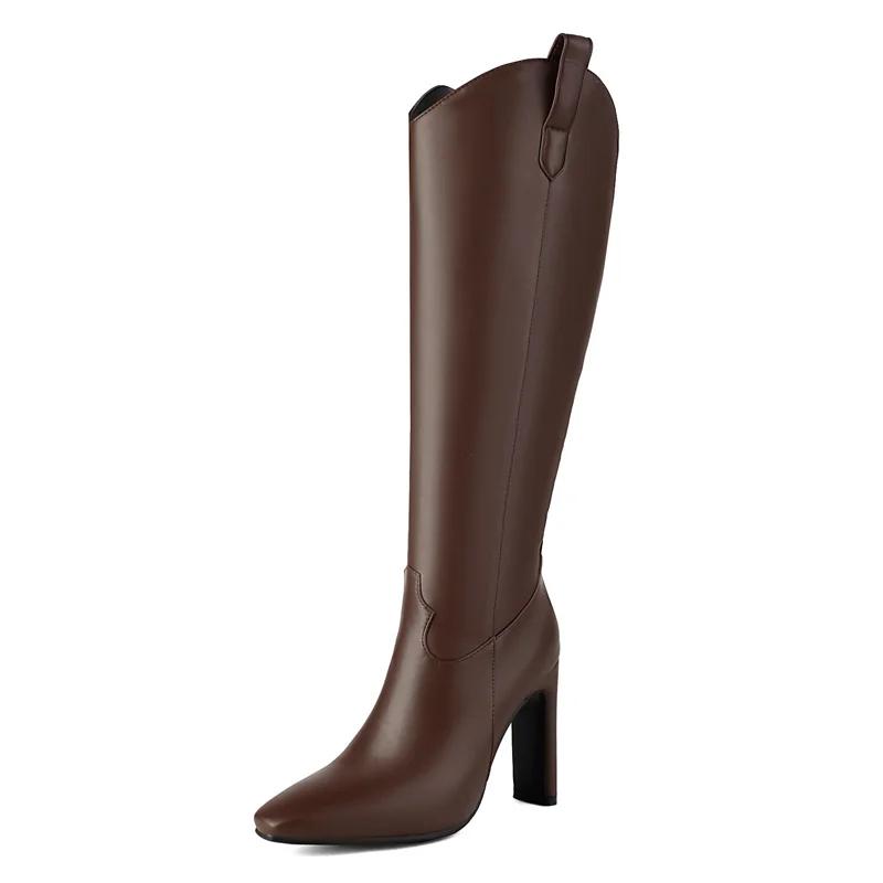 Stivali Lunghi Western Quadrati in Pelle Dorata con Tacco Chunky Oblungo per Donna, Stivali Lunghi con Zip da Cowgirl per Abito Bianco da Festa Invernale