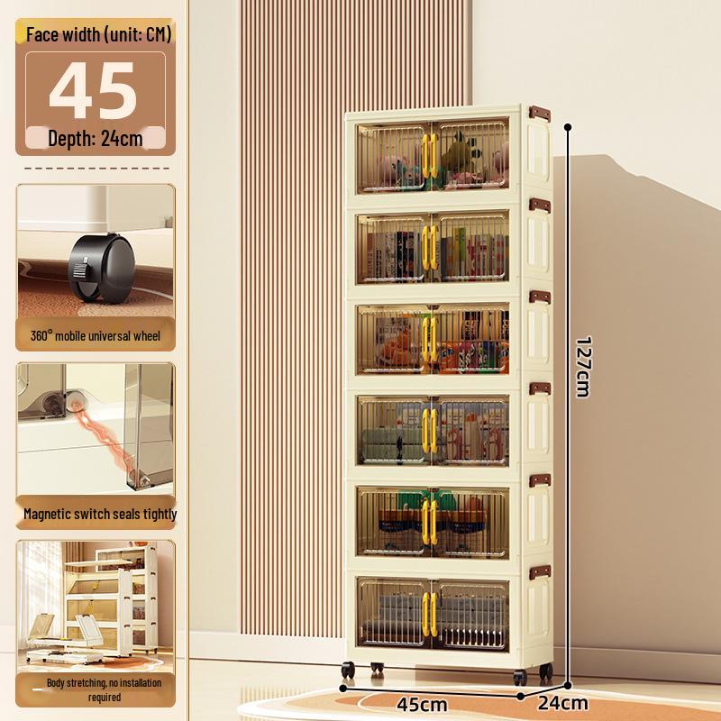 40-60cm Wide Transparent Foldable Double Door Floor Storage Cabinet with Multiple Layers