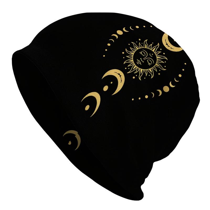 1 Unisex Street Style Sun and Moon Themed Knitted Hat - Mysterious Black and Golden Sun and Moon Totem Pattern, Durable Knitted Fabric, Comfortable El