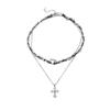 Punk Exquisite Shiny Zircon Hollowed-out Cross Pendant Double-layered Black Rope Metal Chain Winding Necklace for Women Jewelry