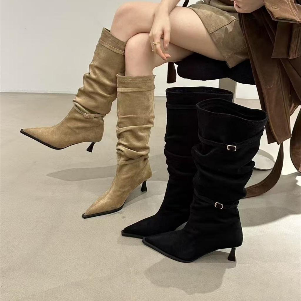 Pointed High Heel Khaki Pile Boots Women's Boots 2025 Autumn/Winter Skirt Skinny Knight Medium Boots