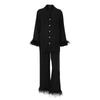 Fashion Style Long Sleeves Feather Coat Pants Suit Homewear Splice Feather Top Pants Set