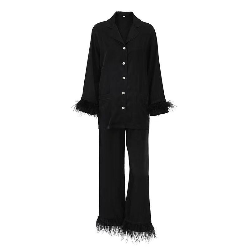 Fashion Style Long Sleeves Feather Coat Pants Suit Homewear Splice Feather Top Pants Set