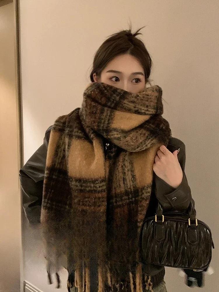 Vintage Winter Warm Cashmere Long Scarf Brown Soft Long Tassel Scarves Plaid Thickened Thickened Warm Shawl Wrap Women Girls