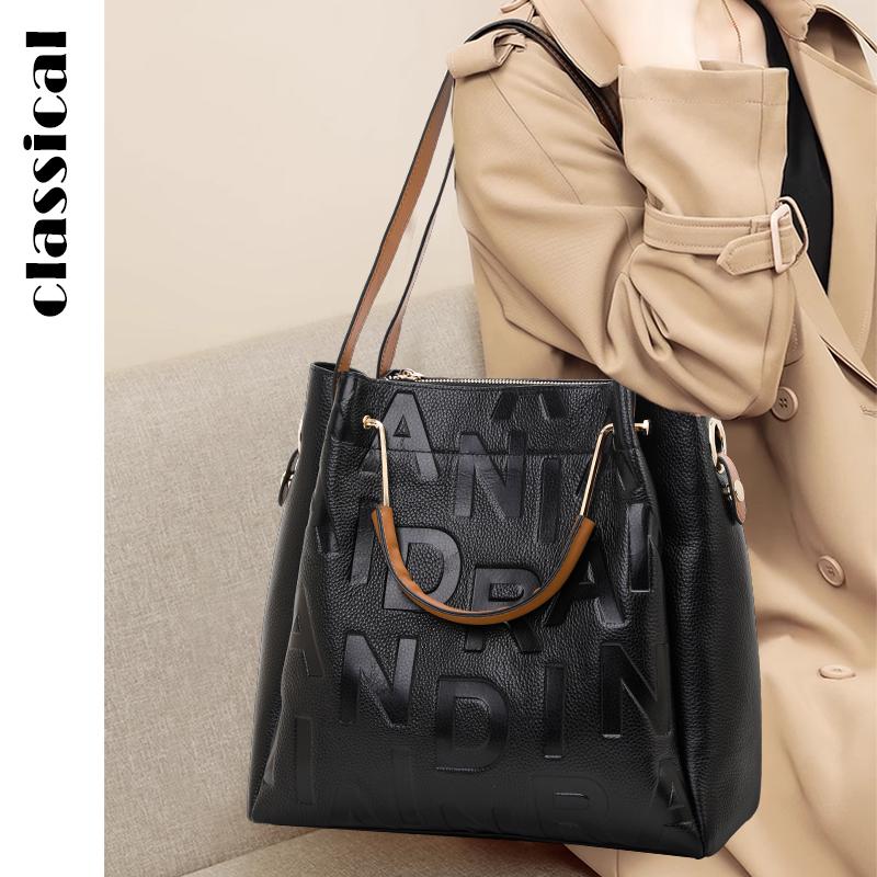 High End Black Women's Handbag with Large Capacity Made of High-quality Cowhide and Printed with Letters