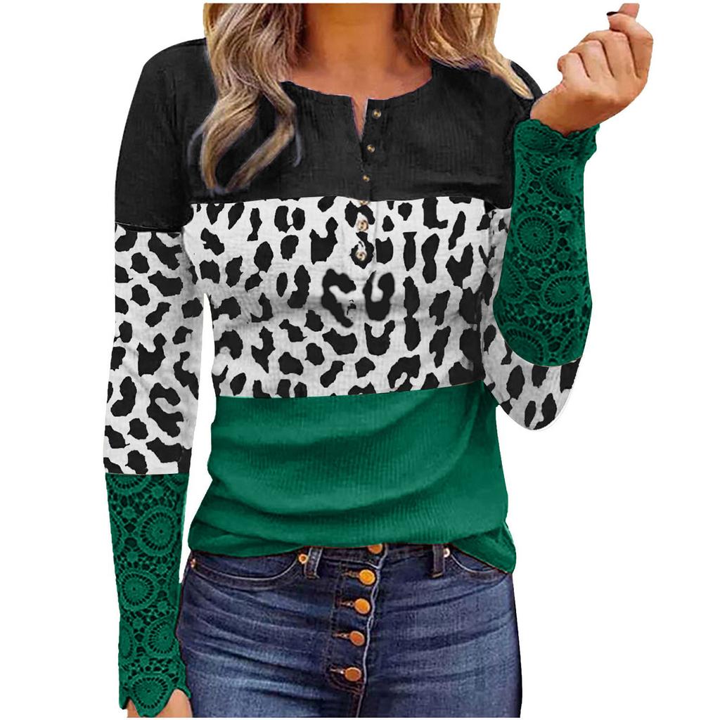 Women Fashion Patchwork Printing Lace Long Sleeve Casual Button Pullover Sweatshirt Top