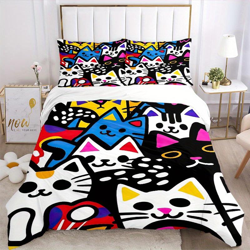 3pcs Colorful Cats Bedding Set, Ideal for Home Use, Suitable for Bedroom Decor (1*Duvet Cover + 1/2*Pillowcases, No Core) Yy250821232