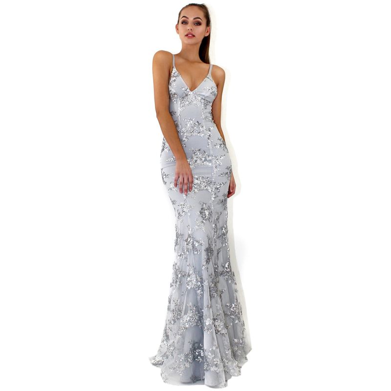 

2024 Dress Strap V-neck Open Back Dress Sequin Shoelace Gown Tibetan Blue XXXL