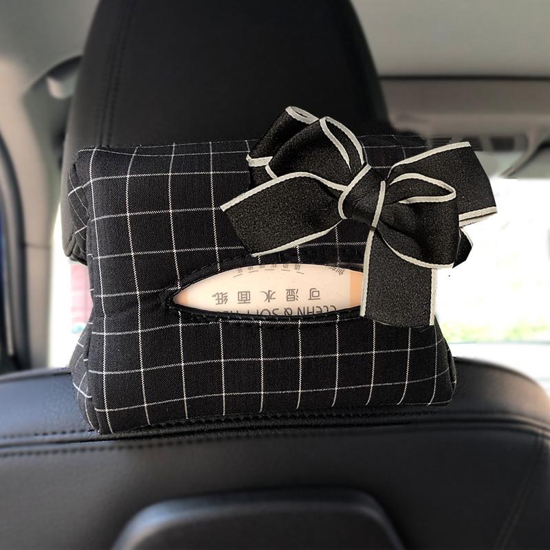 Cute Bowknot Grid Car Tissue Box Auto Seat Headrest Hanging Paper Tower Holder Organizer Women Styling Car Interior Accessories