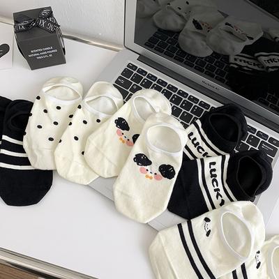 Striped Polka Dot Socks, Women's Short Socks, Spring and Summer, Thin and Cute Cartoon Dog, Low-top Shallow Black and White Boat Socks
