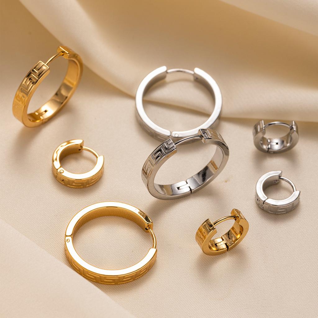 18K Gold Plated Greek Key Hoop Earrings-Tarnish-Free Hypoallergenic Meander Pattern Ear Studs for Girls Stainless Steel