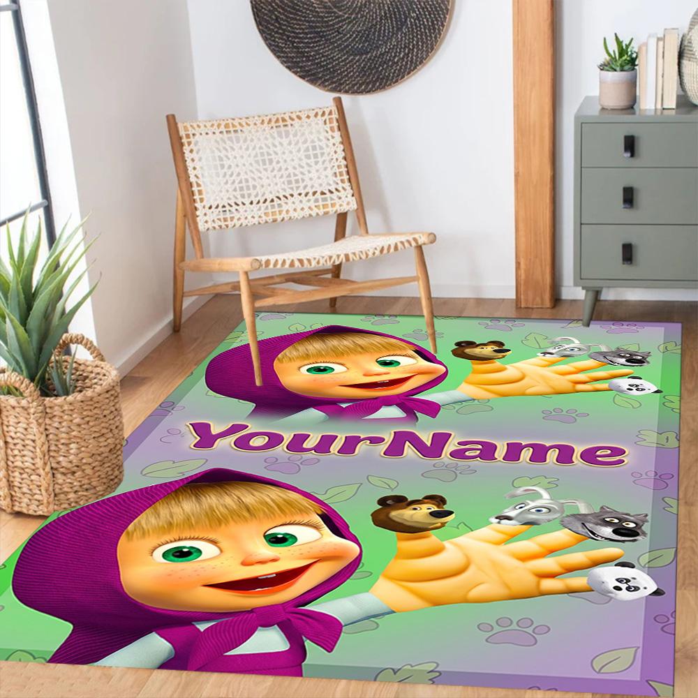 Masha Bear Customize Text Floor Mat Perfect for Dormitory Balcony Game Room Dining Room Anti-slip Rug Anime Office Decor